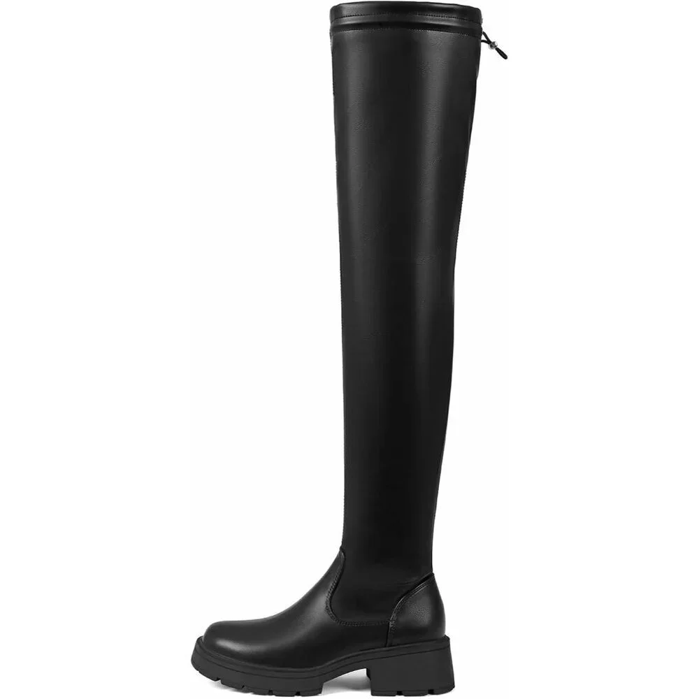 Womens Black-lace Up Polyurethane (PU) Rounded Toe Chunky Heel Thigh High Boots